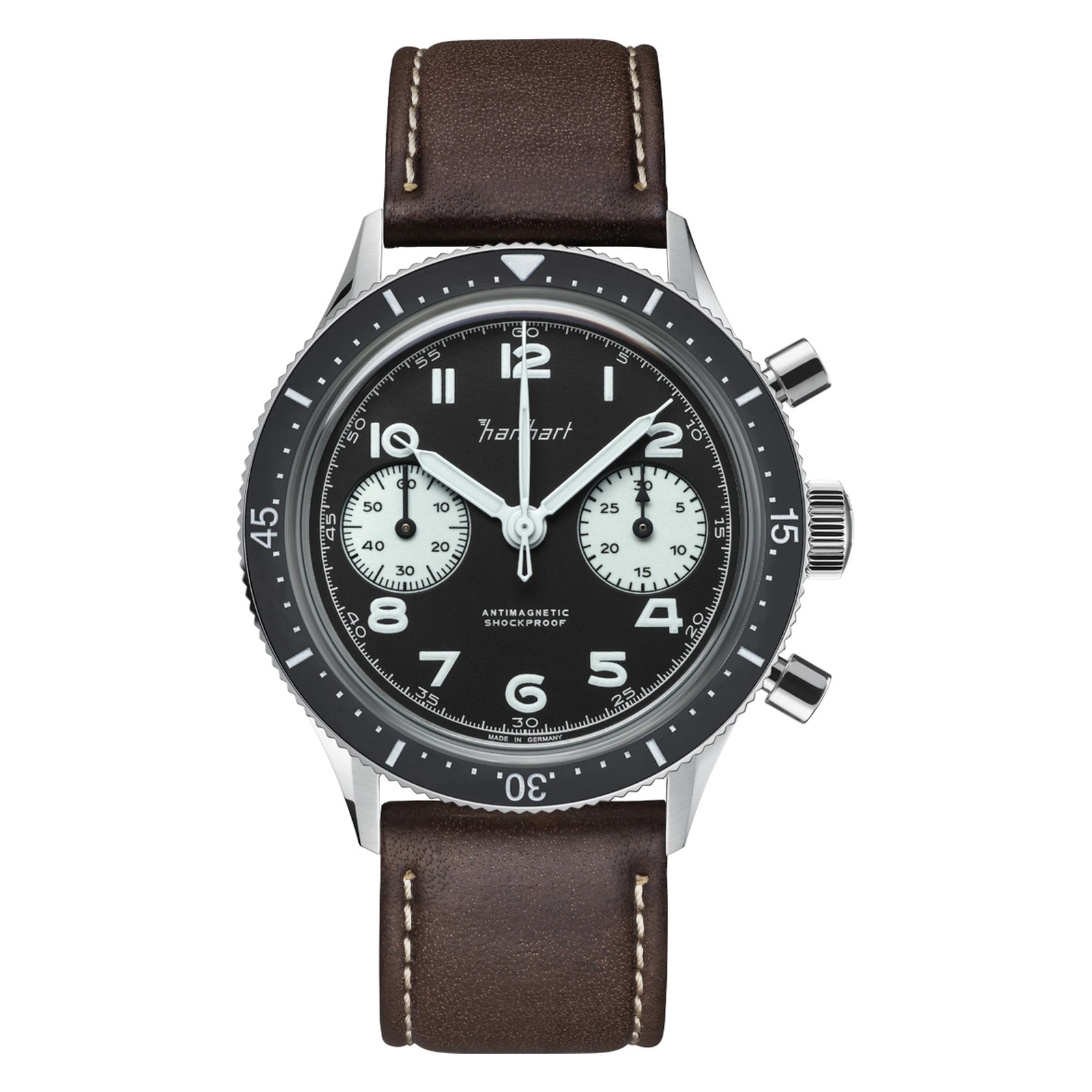 Hanhart 415 ES Reverse Panda 39 mm Lederband Dunkelbraun Herrenuhr H703.211-8110