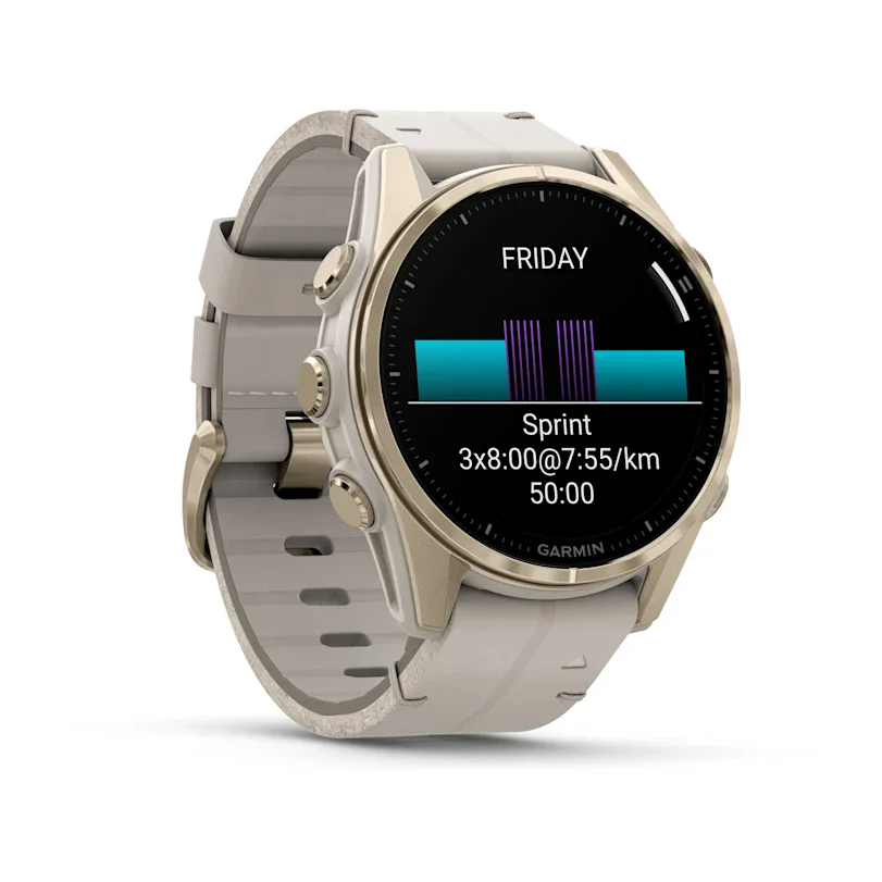Garmin fēnix® 8 - 43 mm AMOLED Sapphire Nebelgrau/Softgold mit Lederarmband und Silikonband 010-02903-40