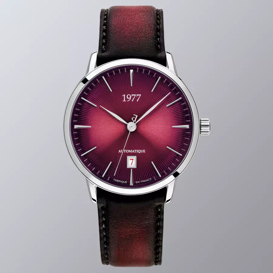 1977 EDMOND Automatique, 40 MM, Cadran Lie-de-vin, Bracelet Cuir Lie-de-vin Herrenuhr 1977P01155