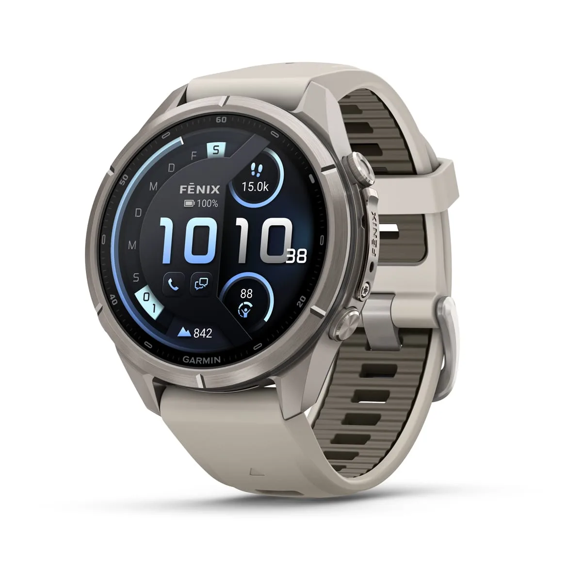 Garmin fēnix® 9 Pro inReach® - 43 mm AMOLED Sapphire Titan mit Silikon-Armband Nebelgrau/Dunkler Sandstein 010-04335-81