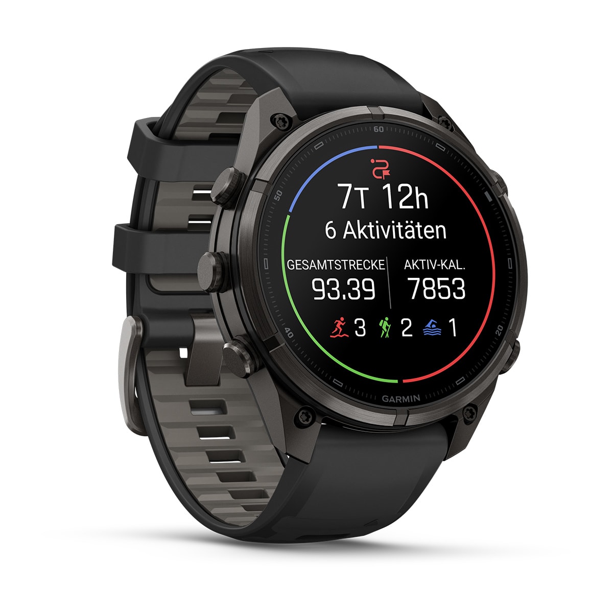 Garmin fēnix® 9 Pro inReach® - 47 mm AMOLED Sapphire Carbongrau DLC Titan mit Silikon-Armband Schwarz/Kieselgrau 010-04336-11