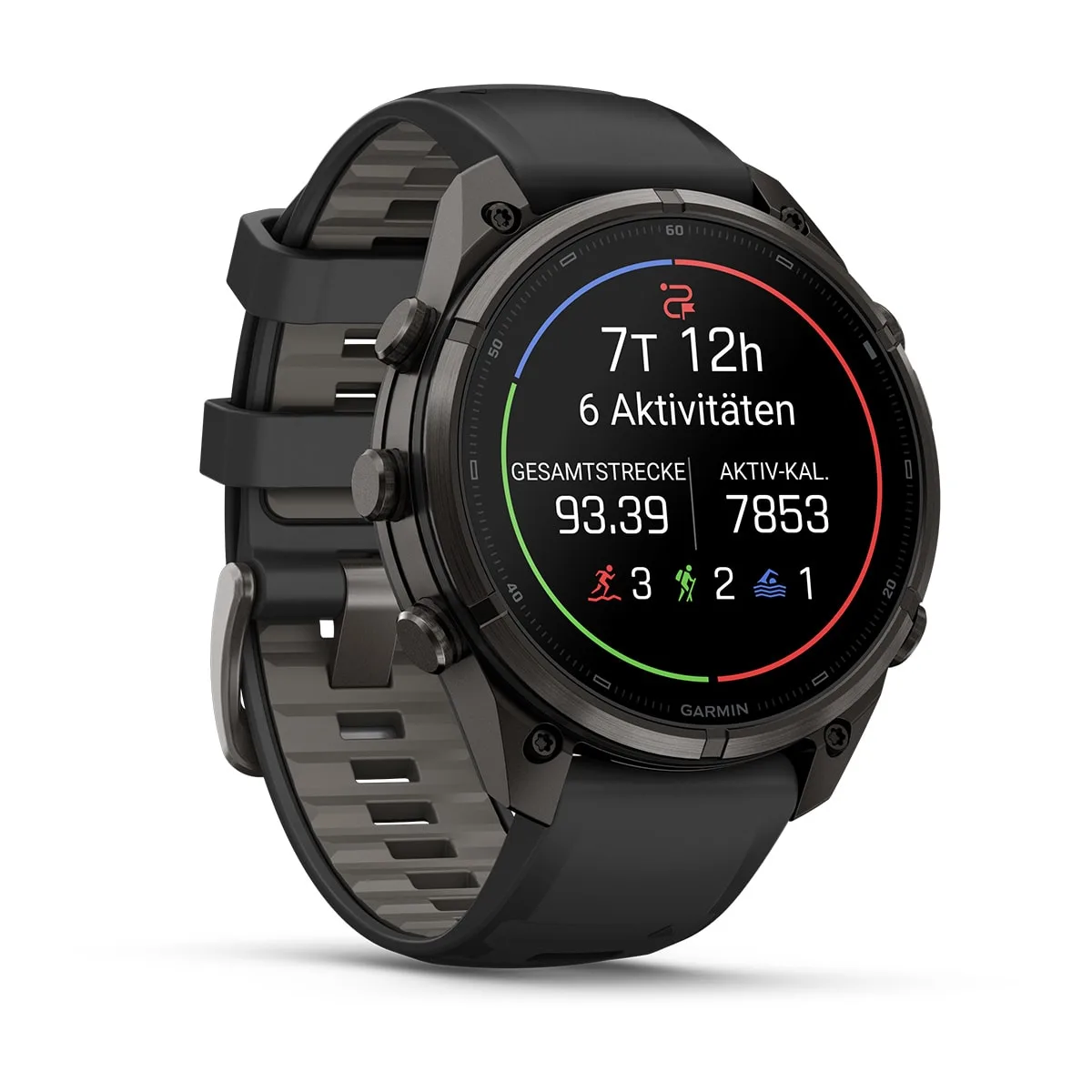 Garmin fēnix® 9 Pro inReach® - 47 mm AMOLED Sapphire Carbongrau DLC Titan mit Silikon-Armband Schwarz/Kieselgrau 010-04336-11