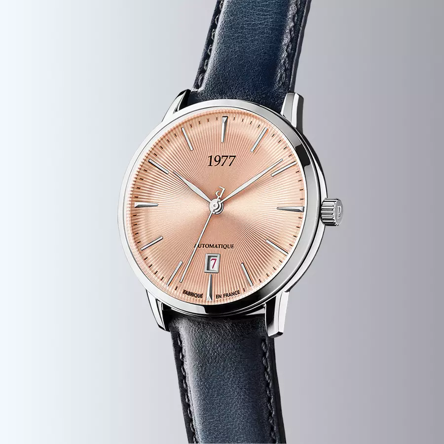 1977 EDMOND Automatique, 40 MM, Cadran Saumon, Bracelet Cuir Noir Herrenuhr 1977P01156