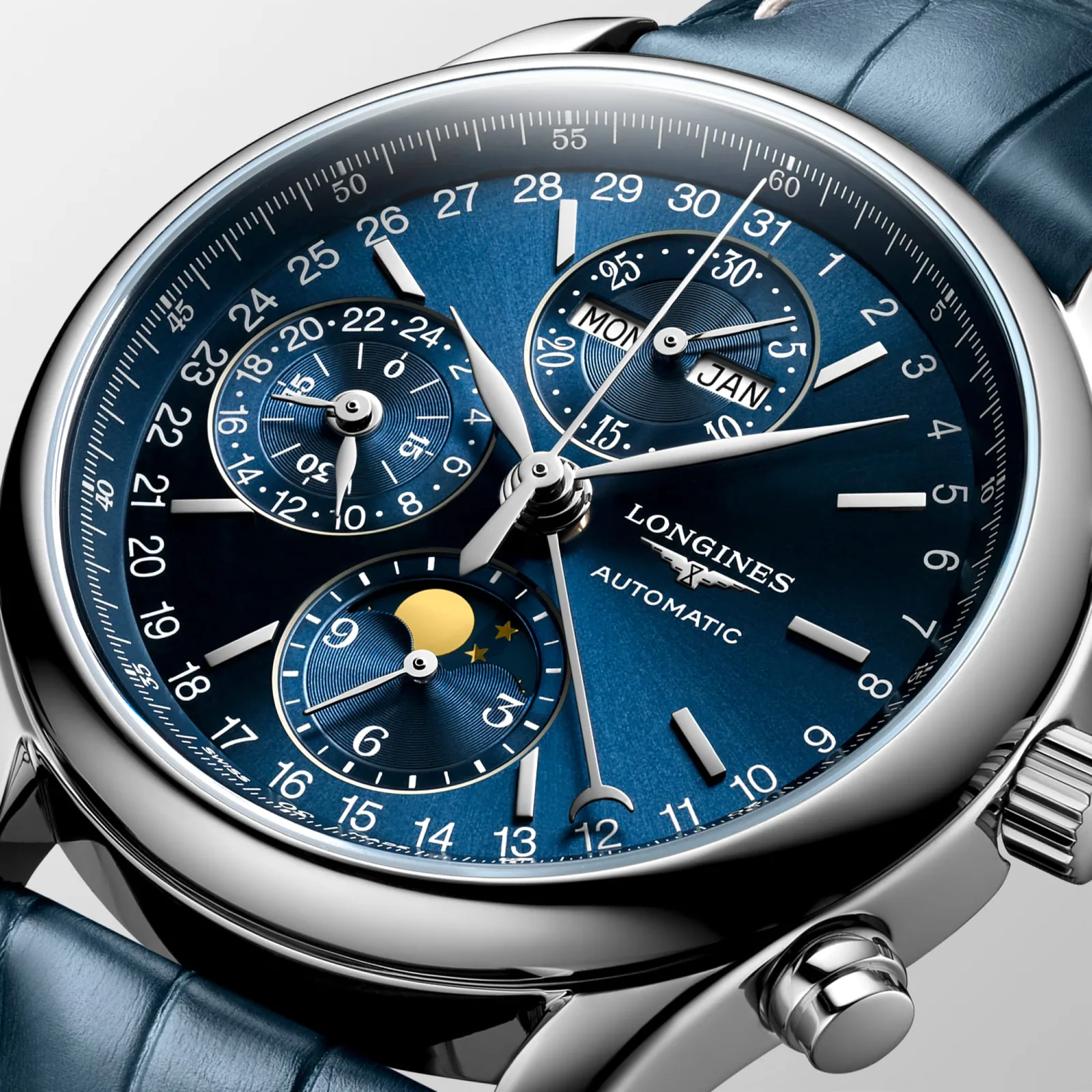 Longines Master Collection Chrono Mondphase Blau Lederband blau 40 mm Herrenuhr L2.673.4.92.0