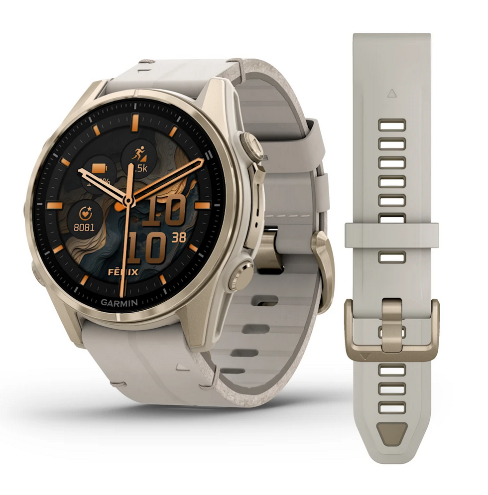 Garmin fēnix® 8 - 43 mm AMOLED Sapphire Nebelgrau/Softgold mit Lederarmband und Silikonband 010-02903-40