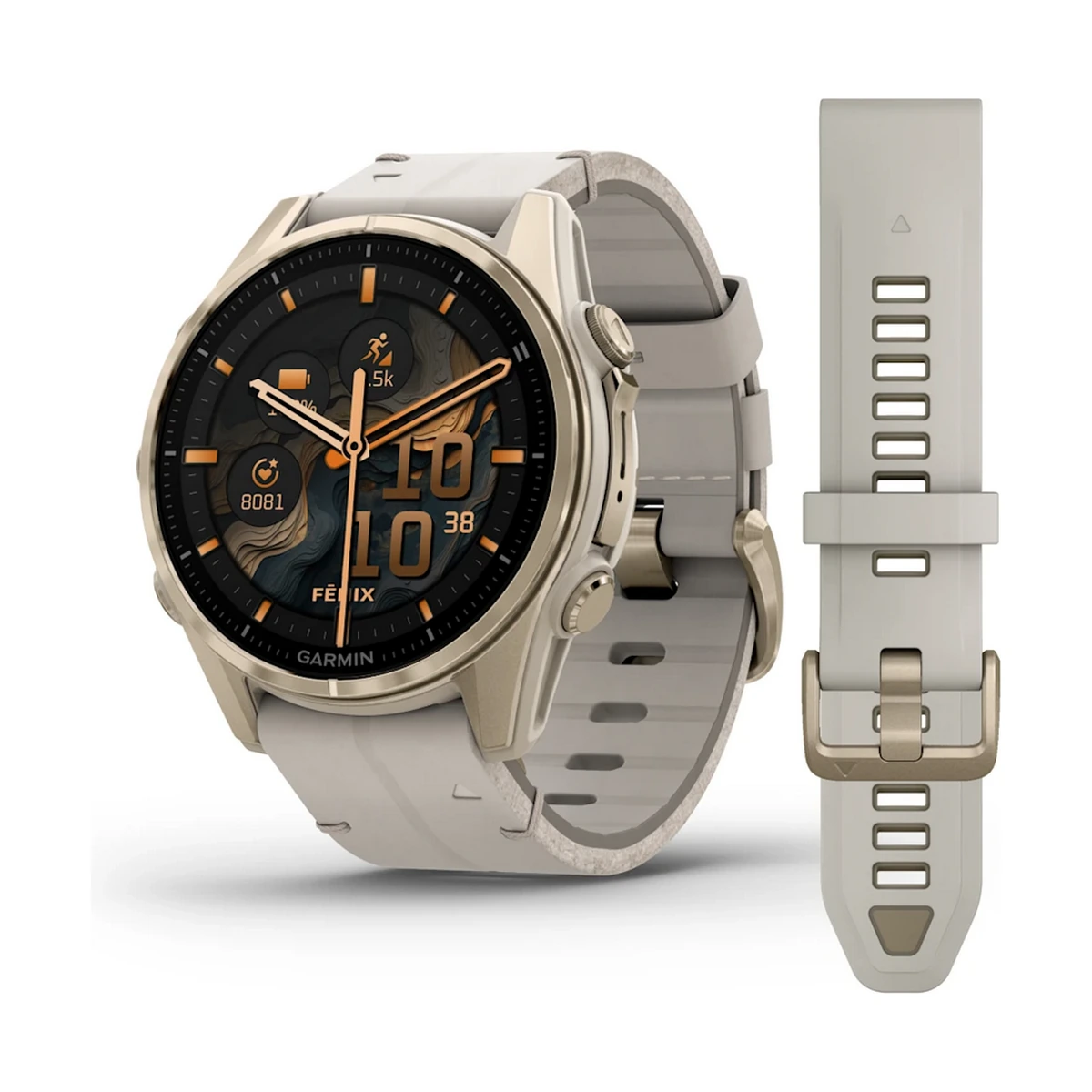 Garmin fēnix® 8 - 43 mm AMOLED Sapphire Nebelgrau/Softgold mit Lederarmband und Silikonband 010-02903-40