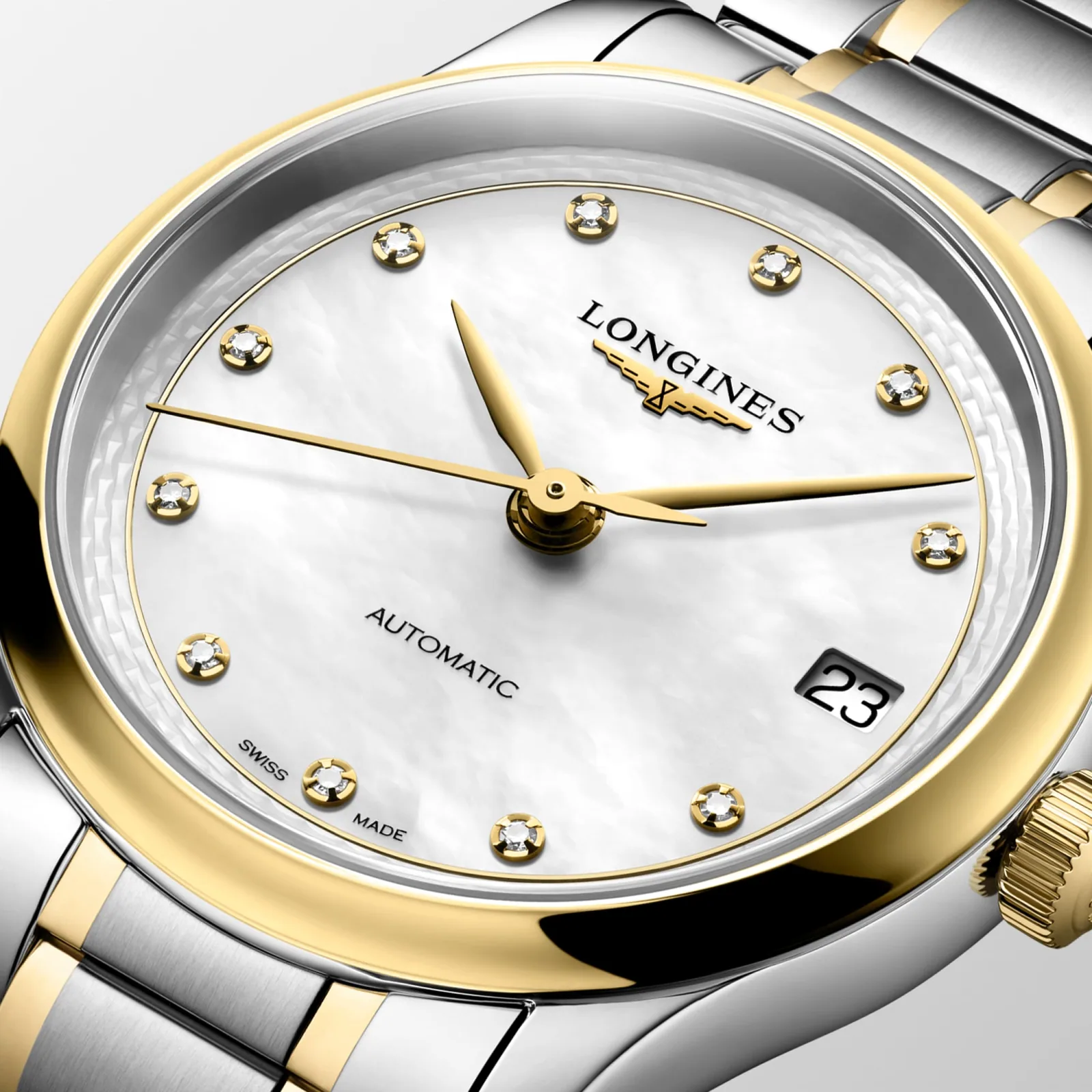 Longines Master Collection Perlmutt Diamanten Bicolor Gelbgold 34 mm Damenuhr L2.450.5.87.7