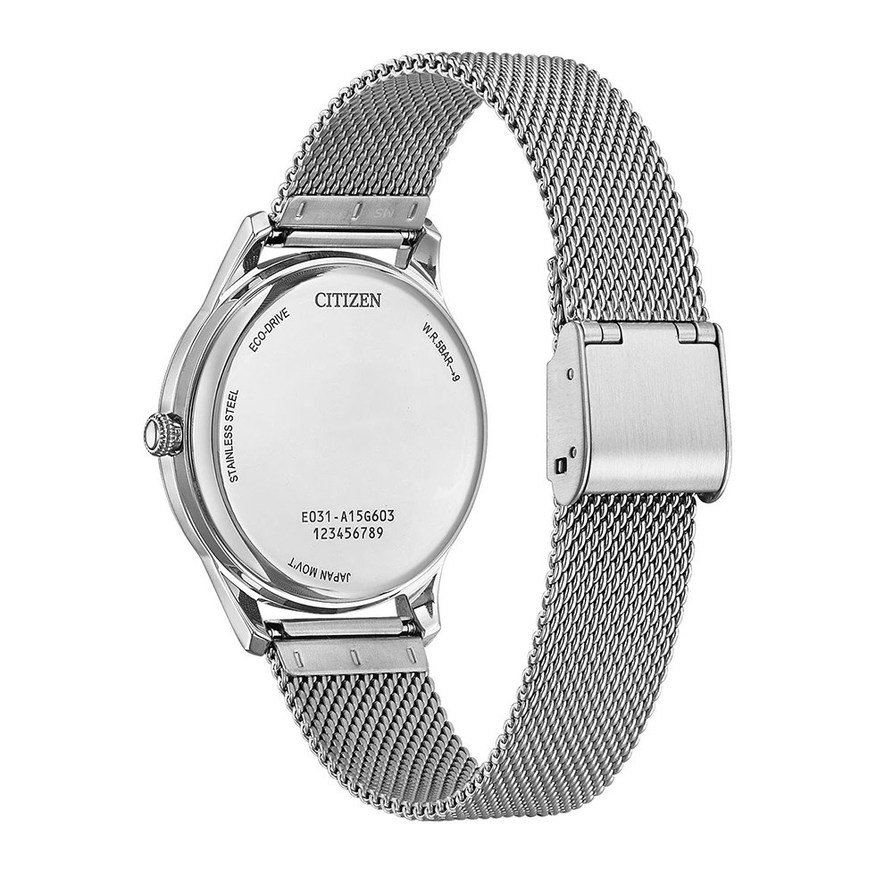 Citizen Eco-Drive Analog Quartz Edelstahl weiß, 34mm, Milanaiseband Damenuhr EM1220-82A