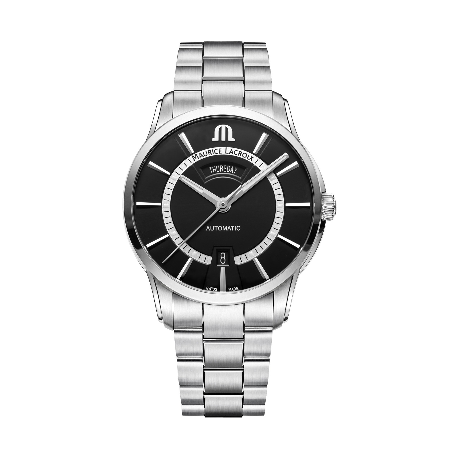 Maurice Lacroix Pontos Day Date 41 mm schwarz am Edelstahlband, Frontansicht