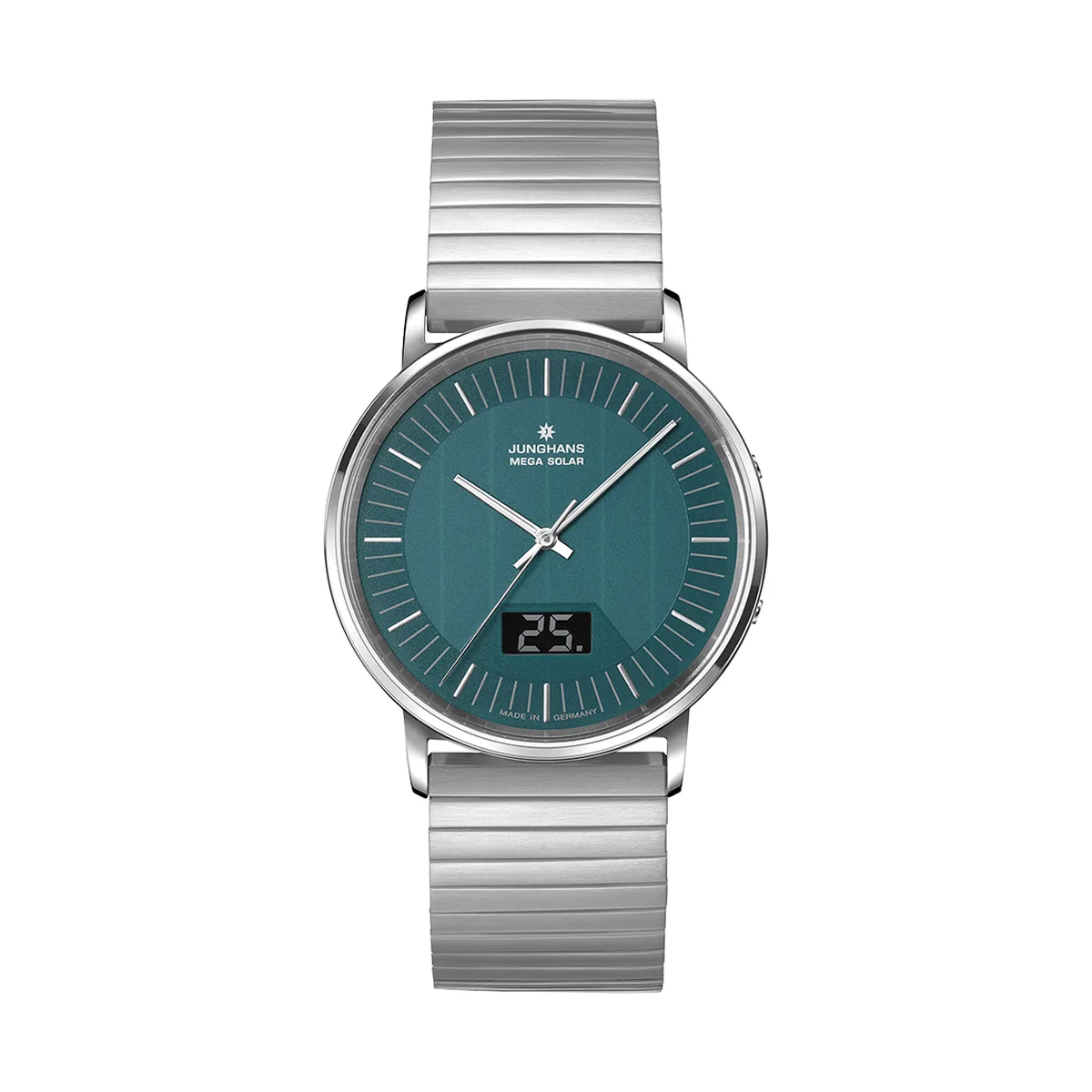 Junghans Milano Mega Solar, Edelstahlband mit Faltschließe, Multifrequenz-Funk-Solarwerk Herrenuhr 56/4621.44