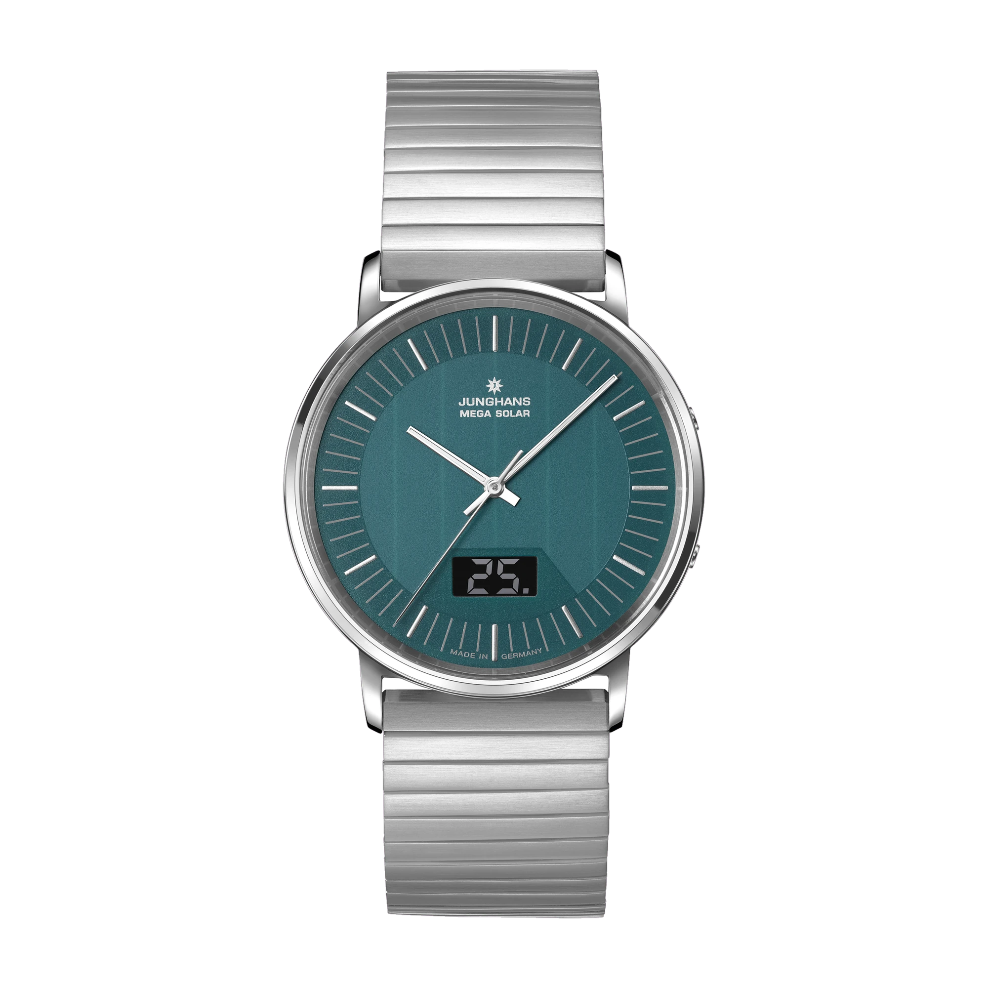 Junghans Milano Mega Solar, Edelstahlband mit Faltschließe, Multifrequenz-Funk-Solarwerk Herrenuhr 56/4621.44