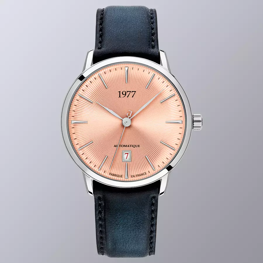 1977 EDMOND Automatique, 40 MM, Cadran Saumon, Bracelet Cuir Noir Herrenuhr 1977P01156