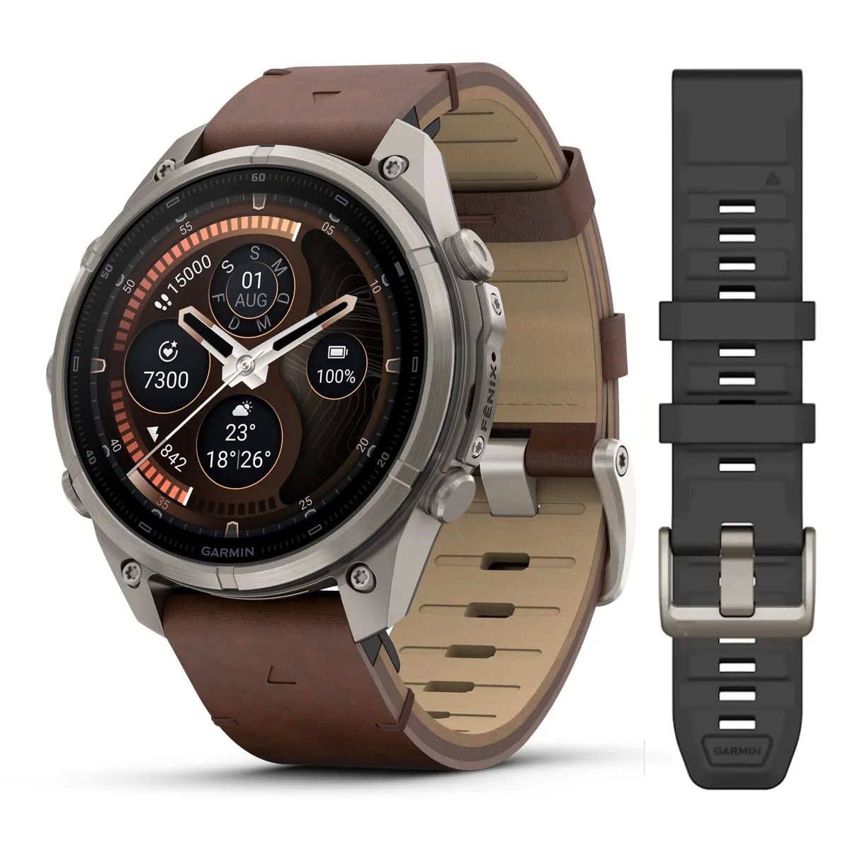 Garmin fēnix® 9 Pro inReach® - 47 mm AMOLED Sapphire Titan mit Leder-Armband Walnuss und Silikon-Armband Kieselgrau/Silbergrau 010-04336-41