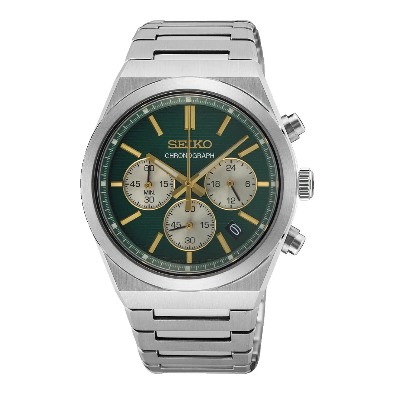 Seiko Chronograph Quarz 40 mm Edelstahlband Grün Herrenuhr SSB461P1
