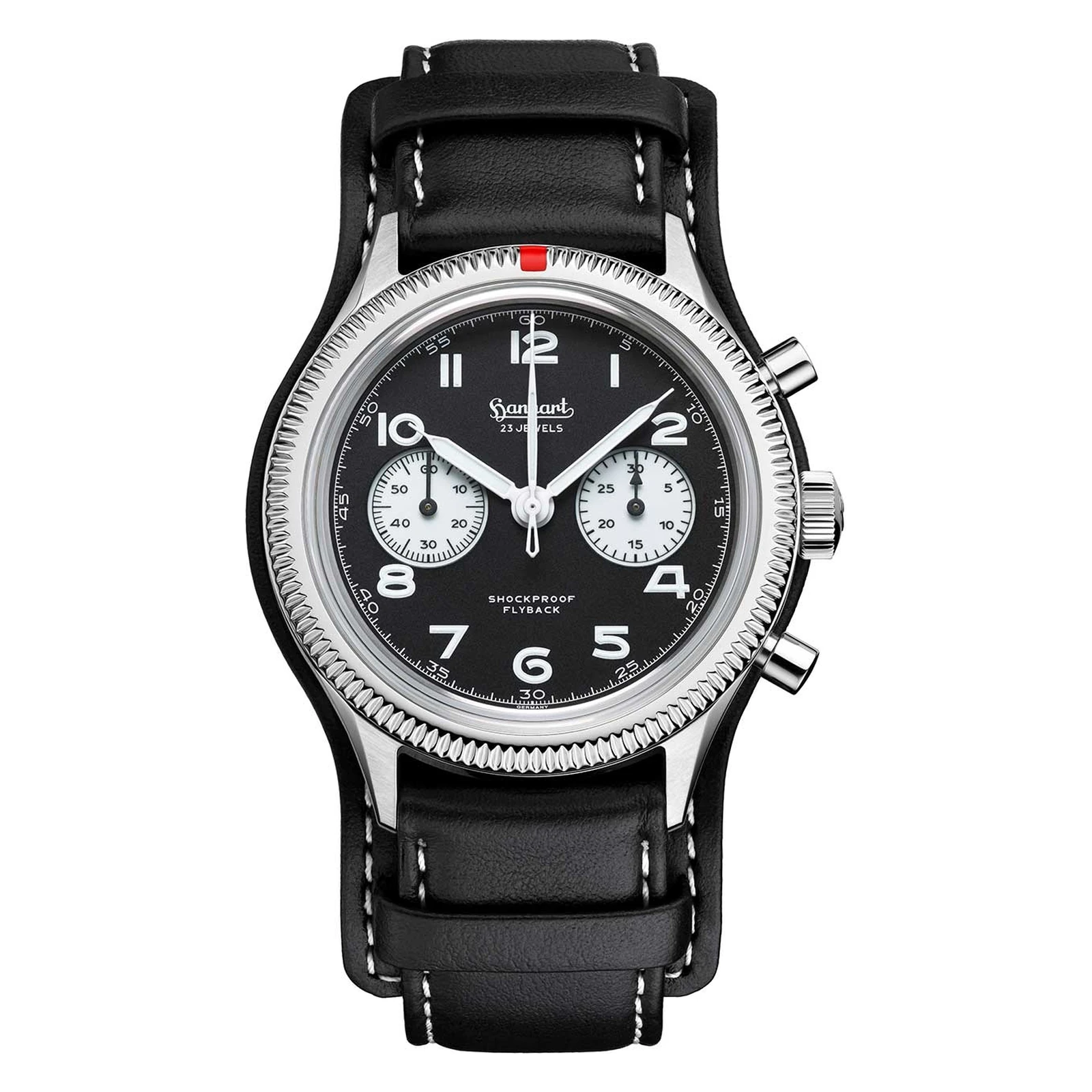 Hanhart 417 ES Flyback Reverse Panda 42 mm Lederband Schwarz Herrenuhr H721.211-7010
