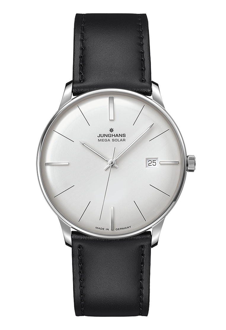 Junghans Meister Mega Solar, Schwarzes Lederband mit Dornschließe, Funk-Solarwerk Herrenuhr 59/4603.02