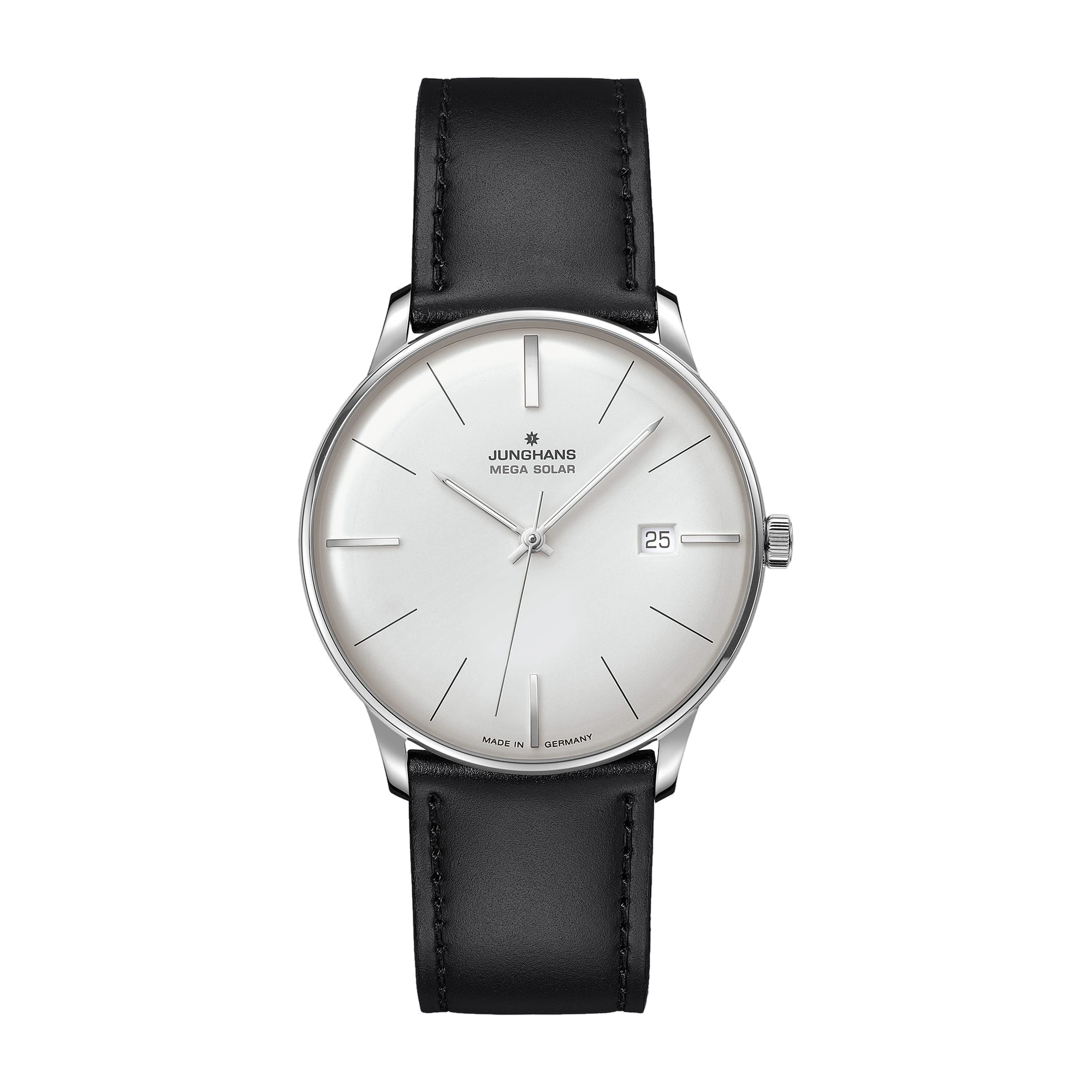 Junghans Meister Mega Solar, Schwarzes Lederband mit Dornschließe, Funk-Solarwerk Herrenuhr 59/4603.02