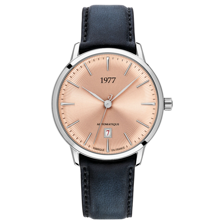 1977 EDMOND Automatik, 40 mm, Zifferblatt Lachs, Lederband Schwarz, Herrenuhr 1977P01156