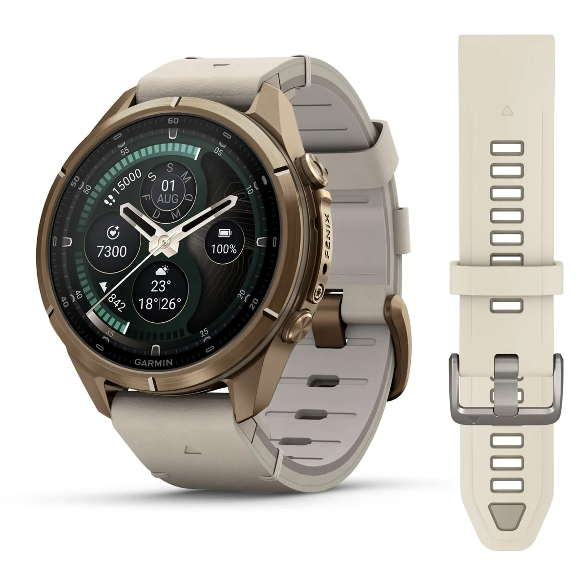 Garmin fēnix® 9 Pro inReach® - 43 mm AMOLED Sapphire Autumn Gold Titan mit Leder-Armband Bone und Silikon-Armband Creme/French Gray 010-04335-41