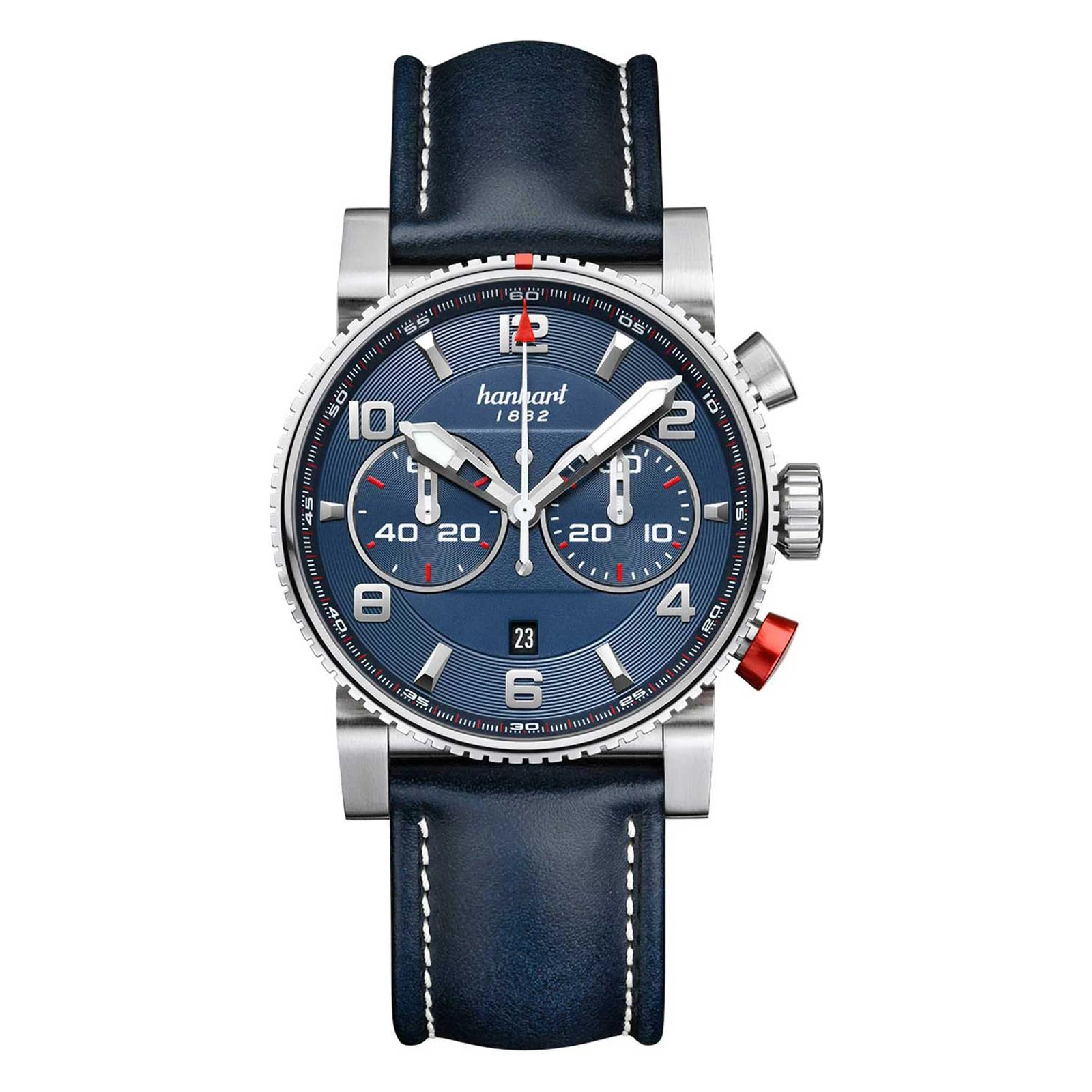 Hanhart PRIMUS Racer Steel Blue 44 mm Lederband Blau Herrenuhr 741.270-0320