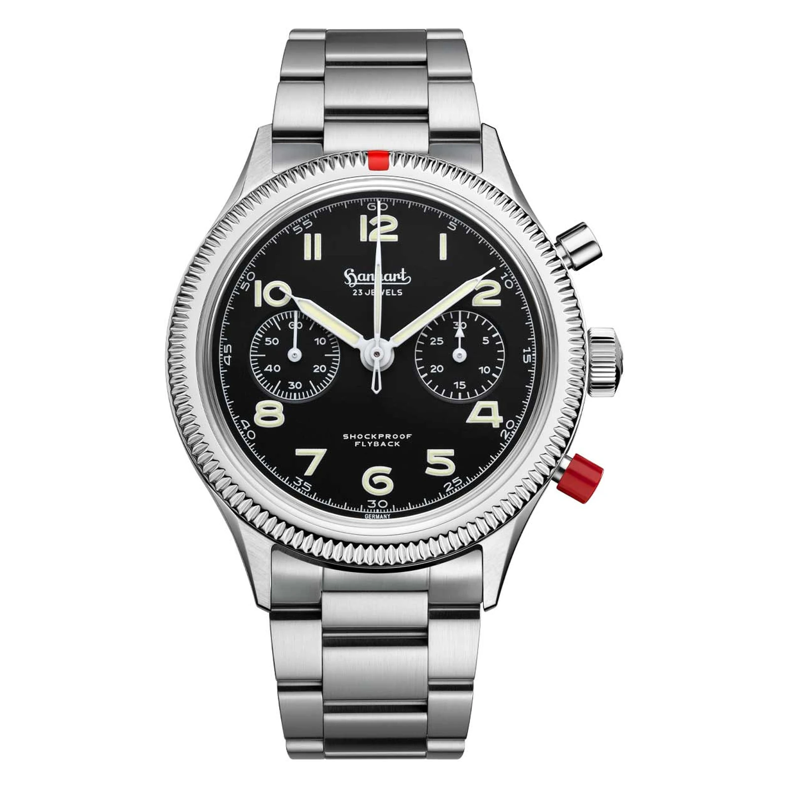 Hanhart 417 ES Heritage Flyback 42 mm Edelstahlband Silber Herrenuhr H721.212-6428