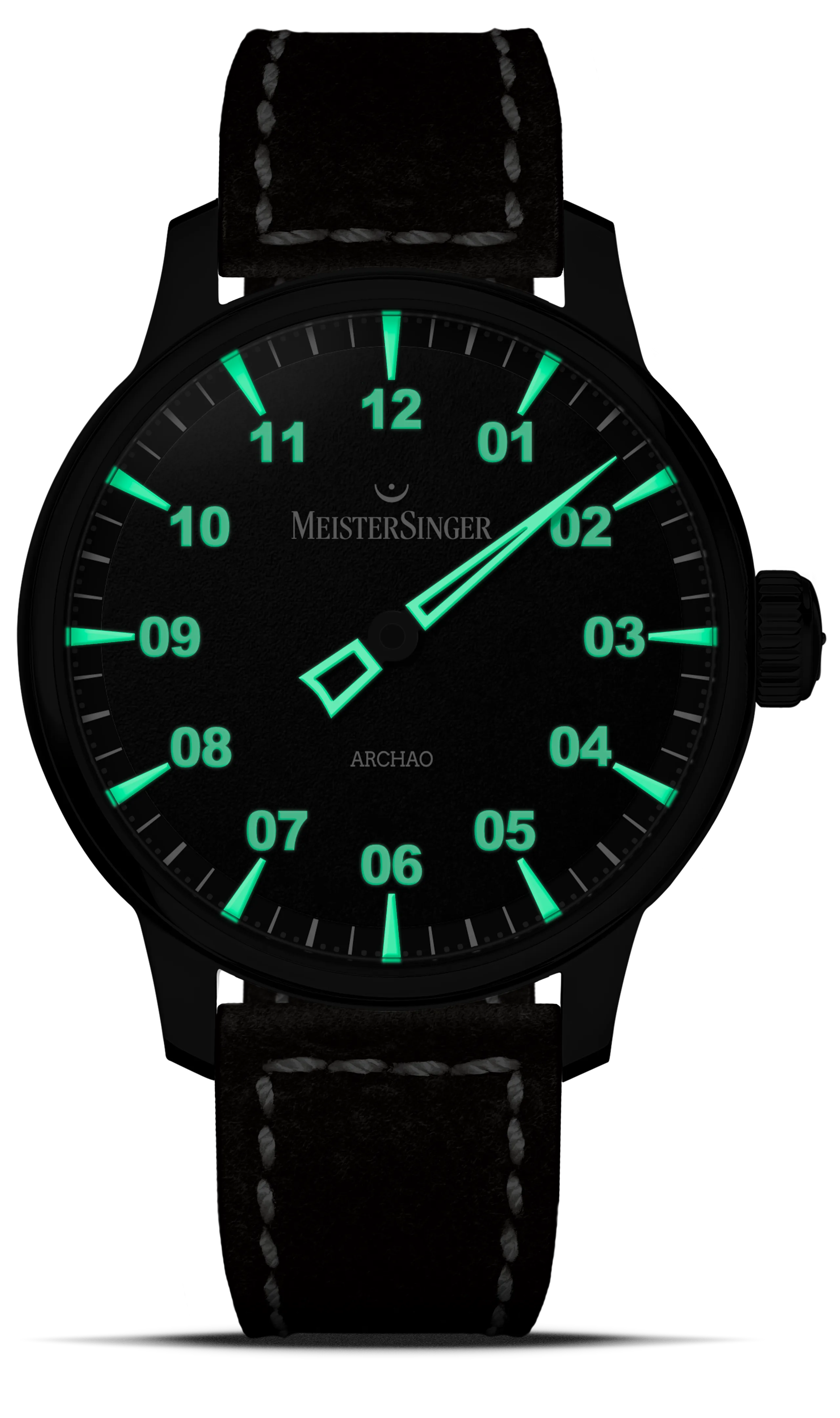 Meister Singer Archao DLC, Schwarz, Automatikwerk, 43 mm, Lederband Herrenuhr AR902BL