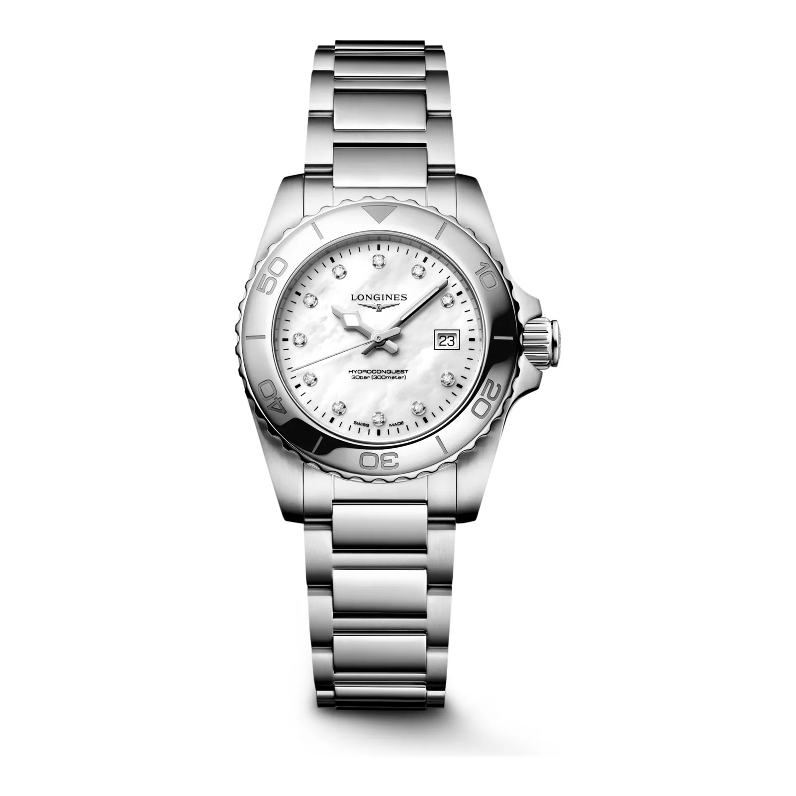 Longines HydroConquest Perlmutt Diamanten Edelstahlband 30 mm Damenuhr L3.369.4.87.6
