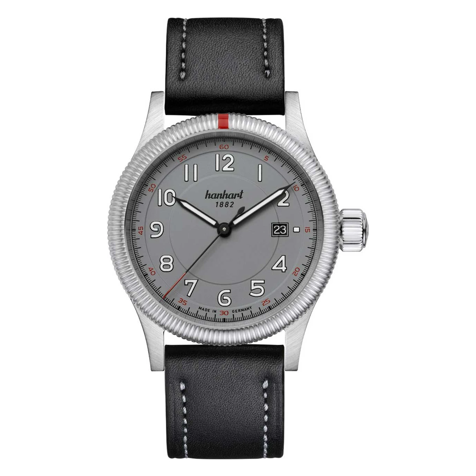 Hanhart PIONEER One grau 42 mm Lederband Schwarz Herrenuhr 762.240-7010