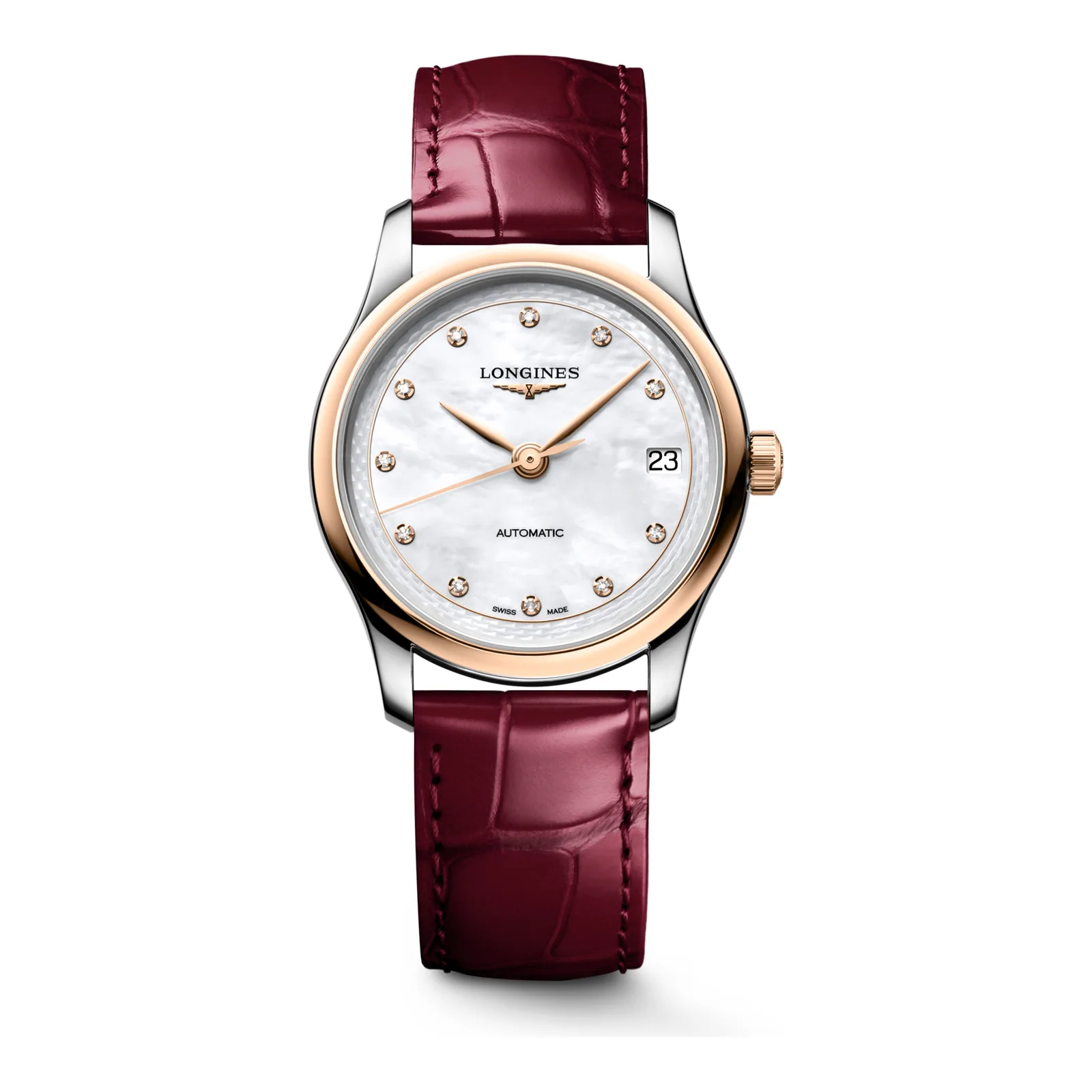 Longines Master Collection Perlmutt Diamanten Bicolor Roségold Lederband bordeaux 34 mm Damenuhr L2.450.5.89.2