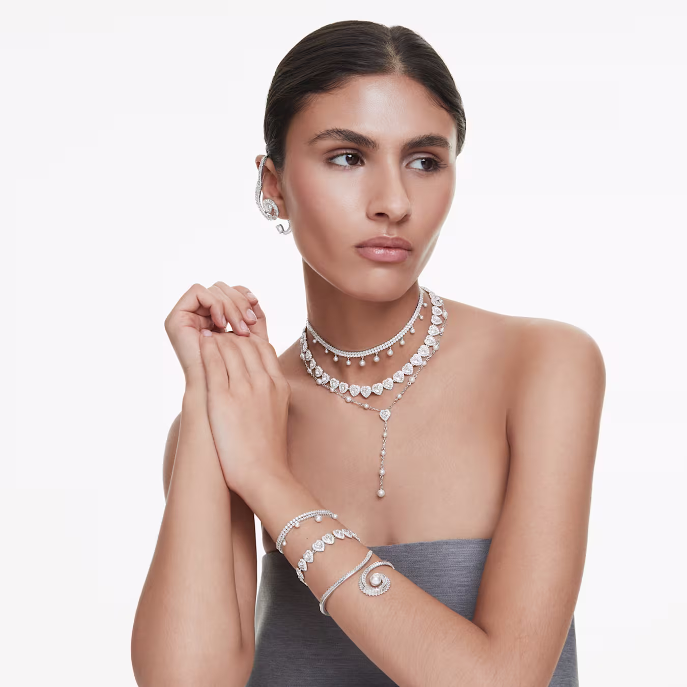 Swarovski Ariana Grande x Swarovski Armband Kristallperle, Rundschliff, Weiß, Rhodiniert