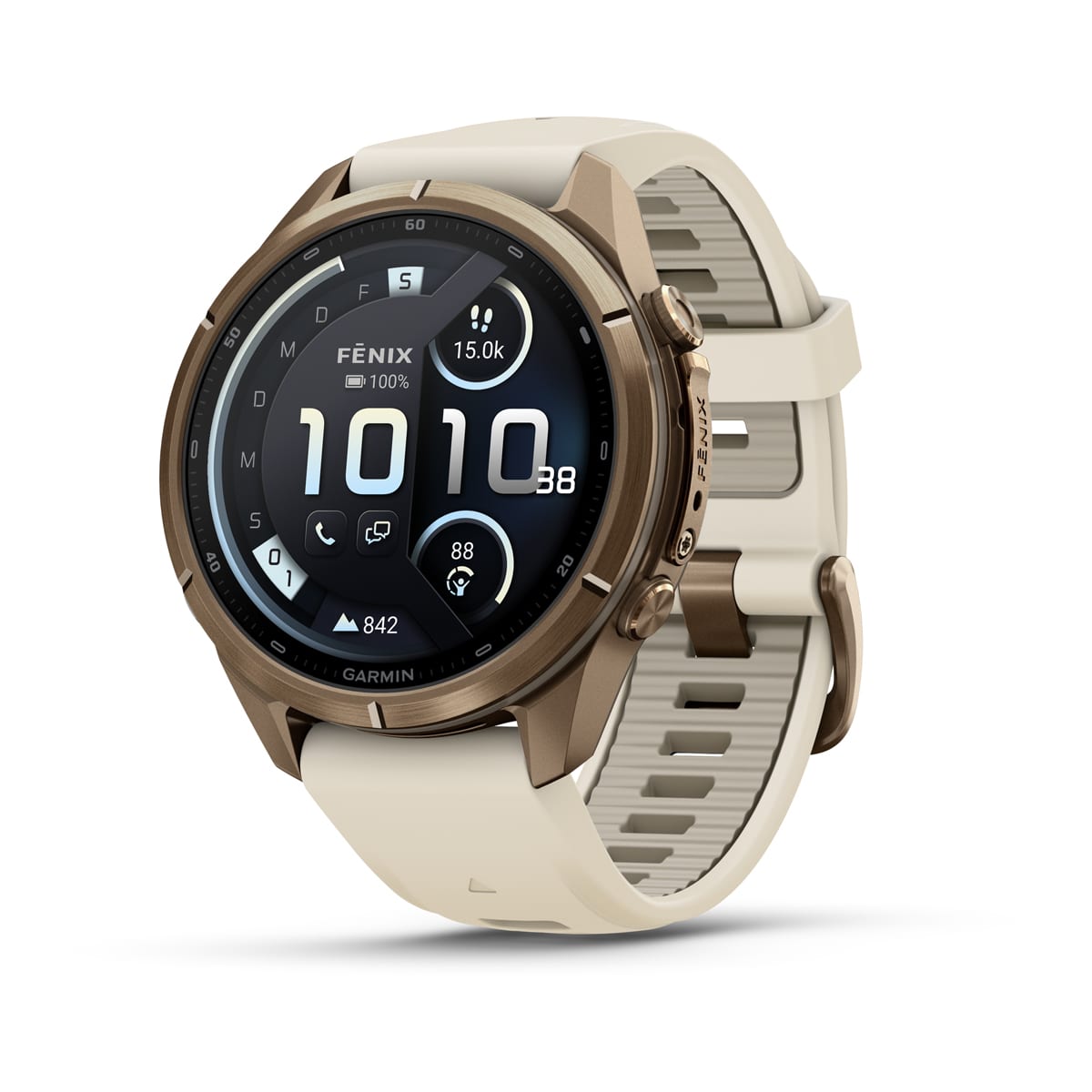 Garmin fēnix® 9 Pro inReach® - 43 mm AMOLED Sapphire Autumn Gold Titan mit Silikon-Armband Creme/French Gray 010-04335-21
