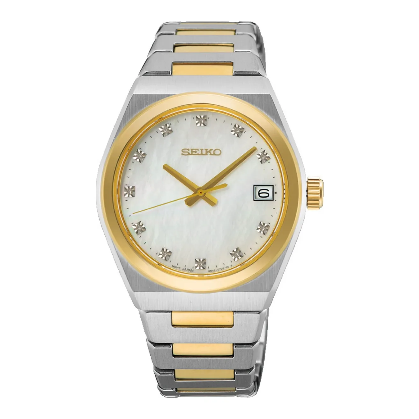 Seiko Classic Perlmutt Diamant Quarz 34 mm Goldfarben Damenuhr SUR604P1