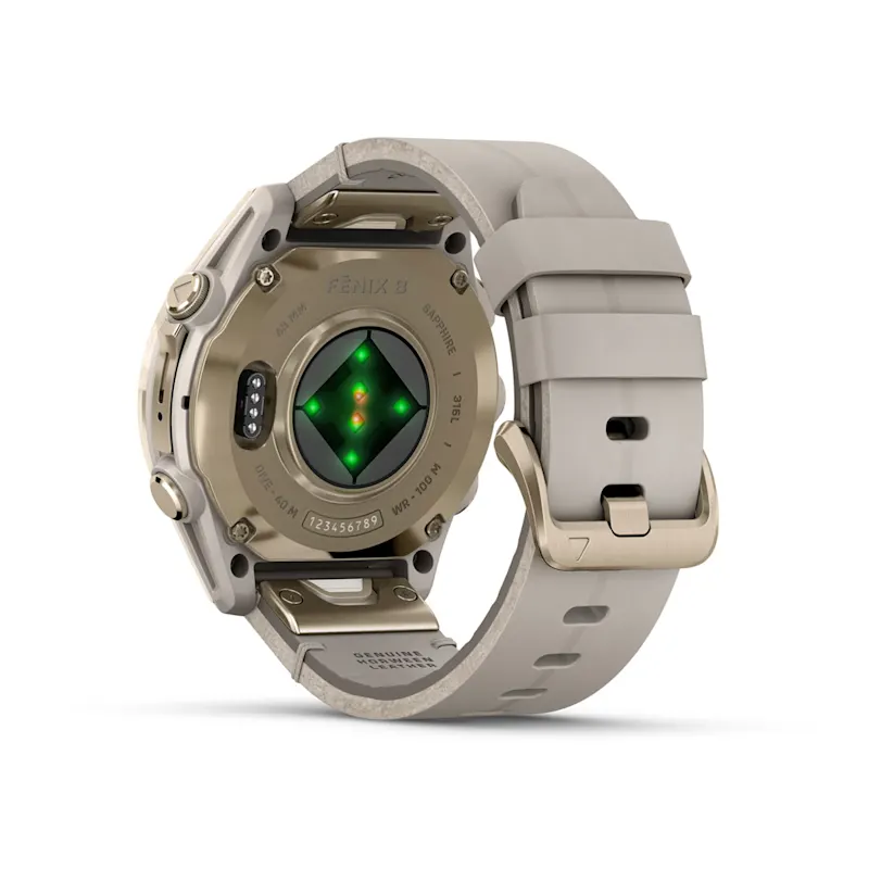 Garmin fēnix® 8 - 43 mm AMOLED Sapphire Nebelgrau/Softgold mit Lederarmband und Silikonband 010-02903-40