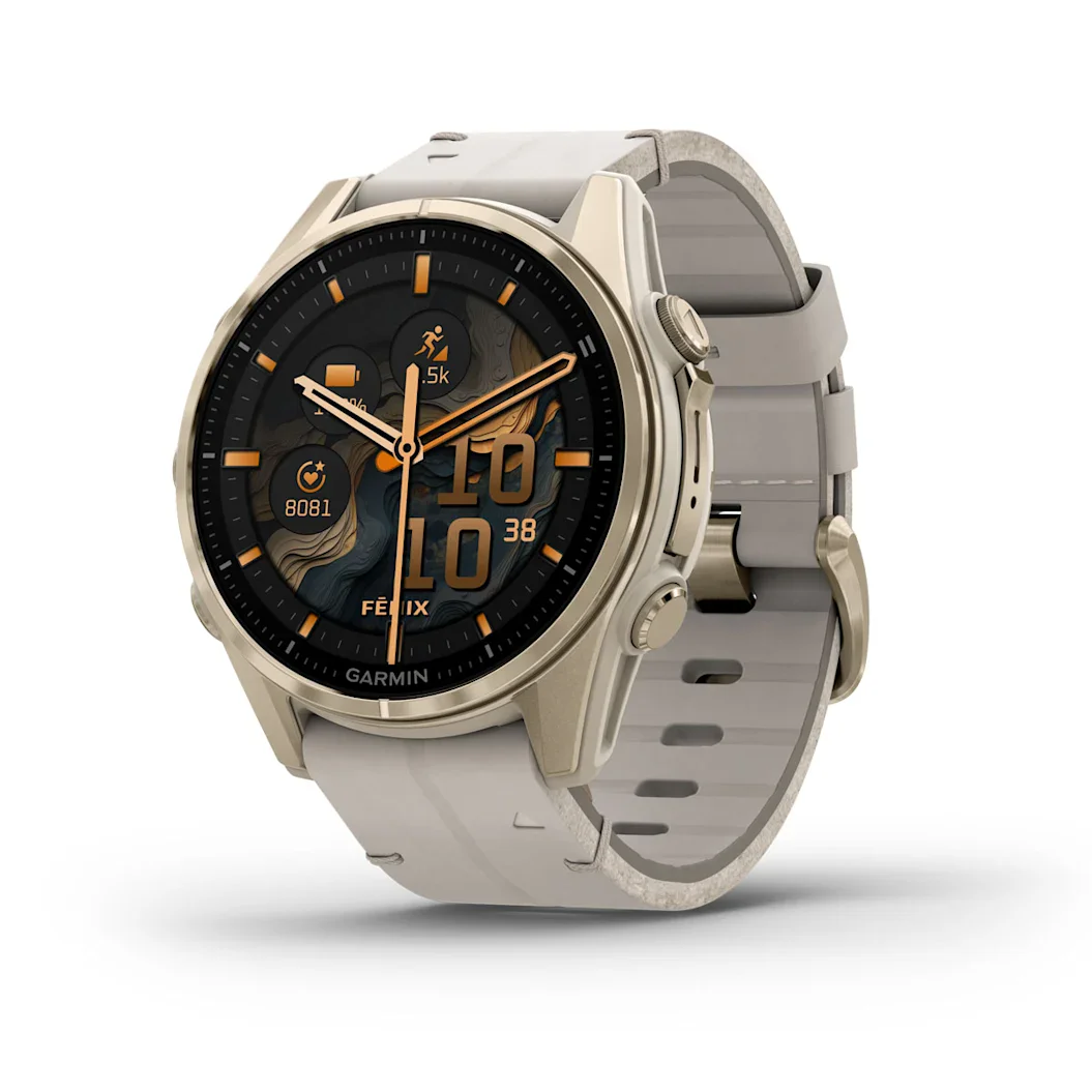 Garmin fēnix® 8 - 43 mm AMOLED Sapphire Nebelgrau/Softgold mit Lederarmband und Silikonband 010-02903-40