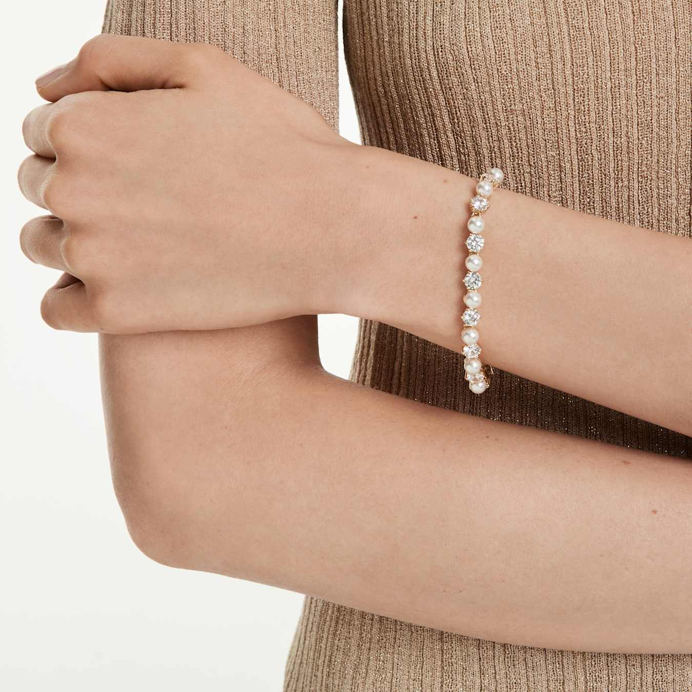 Swarovski  Matrix Tennis Armband Kristallperle, Rundschliff, Weiß, Goldlegierungsschicht