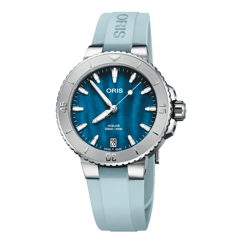Oris Aquis Date 36,5mm Kautschukband Perlmutt Blau Damenuhr 01 733 7770 4155-07 4 18 65FC