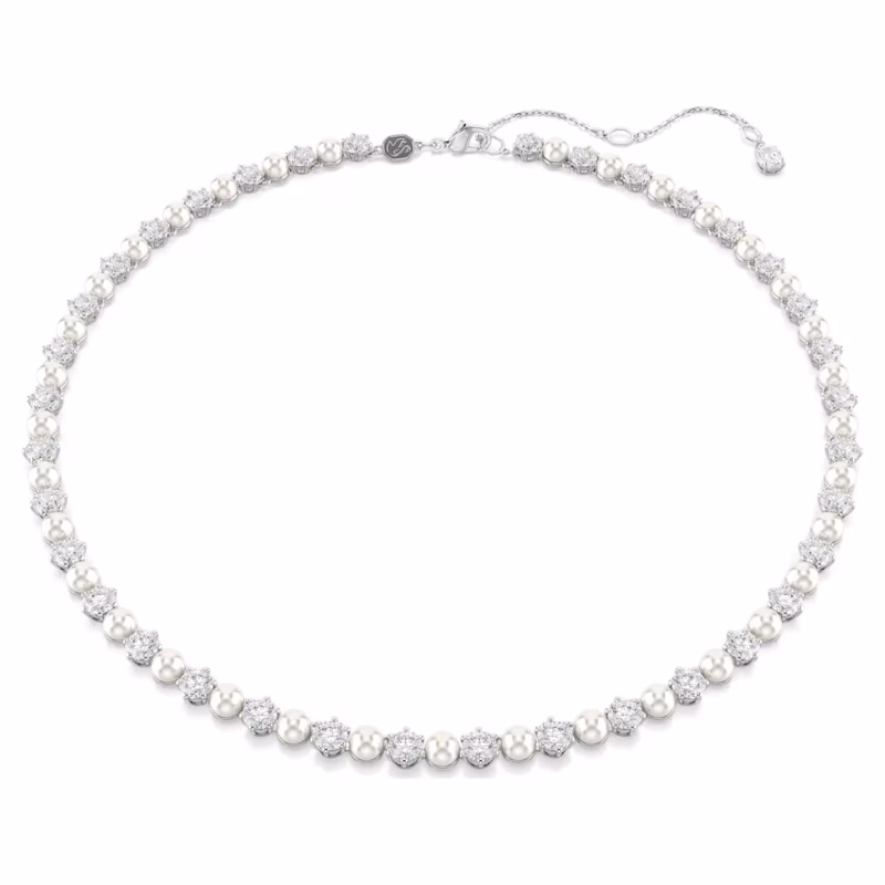 Swarovski Matrix Tennis Halskette Kristallperle, Rundschliff, Weiß, Rhodiniert
