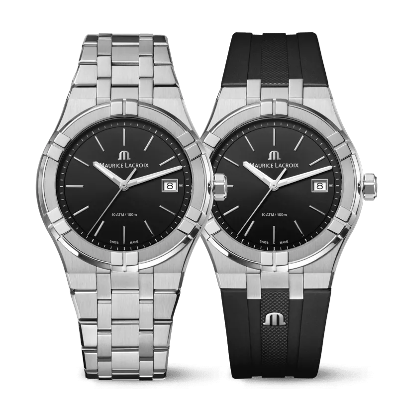 Maurice Lacroix Aikon Quartz Date 40mm, Schwarz, inklusive Ersatzarmband, Kautschuk und Edelstahl Herrenuhr AI1108-SS00F-330-A