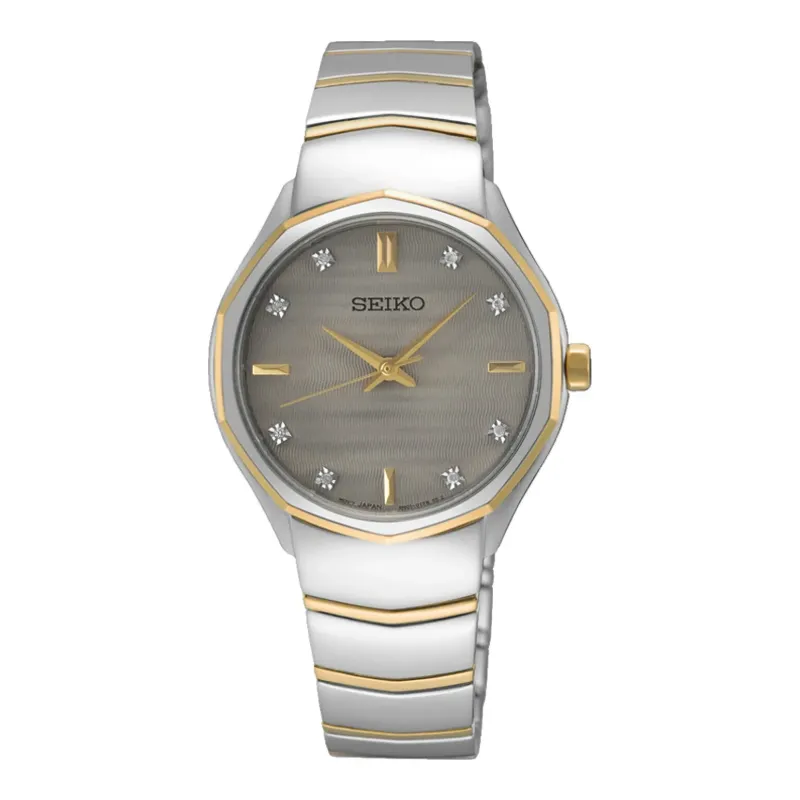 Seiko Classic Diamant Quarz 30 mm Goldfarben Grau Damenuhr SUR616P1