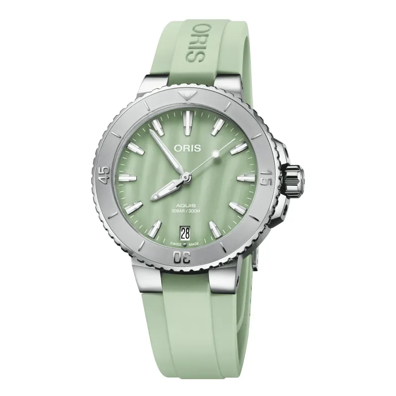 Oris Aquis Date 36,5mm Kautschukband Perlmutt Grün Damenuhr 01 733 7770 4157-07 4 18 67FC