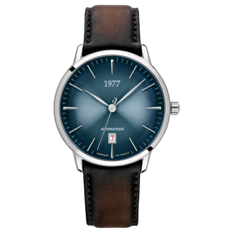 1977 EDMOND Automatik, 40 mm, Zifferblatt Blau, Lederband Braun, Herrenuhr 1977P01164