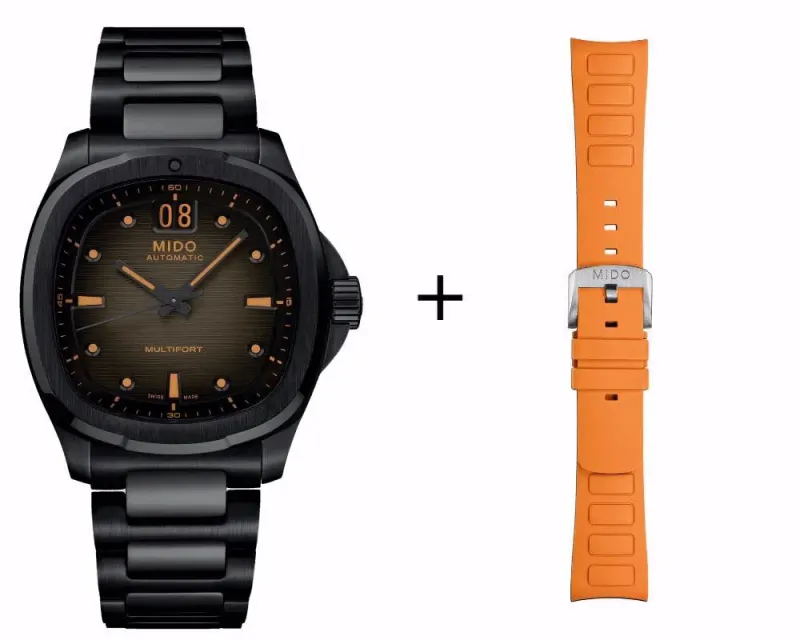 Mido Multifort TV schwarz Big Date Herrenuhr M049.526.33.081.00 Set mit orangenem Kautschukband