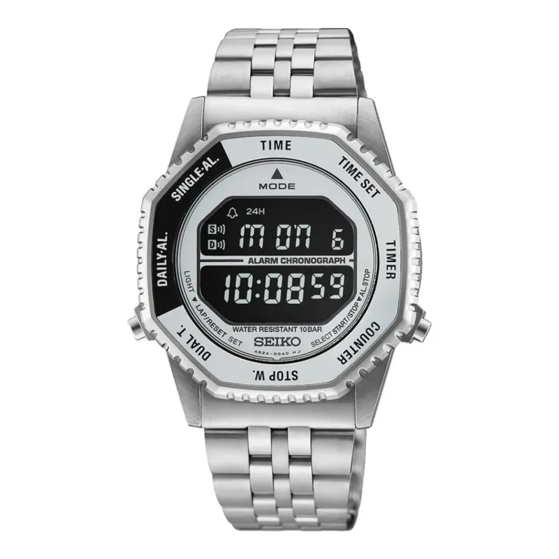 Seiko Digital Alarm Chronograph 37 mm Edelstahl Schwarz Herrenuhr HFL002P1