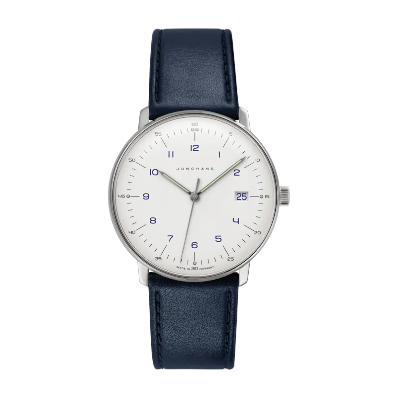 Junghans max bill Quarz Edelstahl blaues Lederband Herrenuhr 41/4668.02
