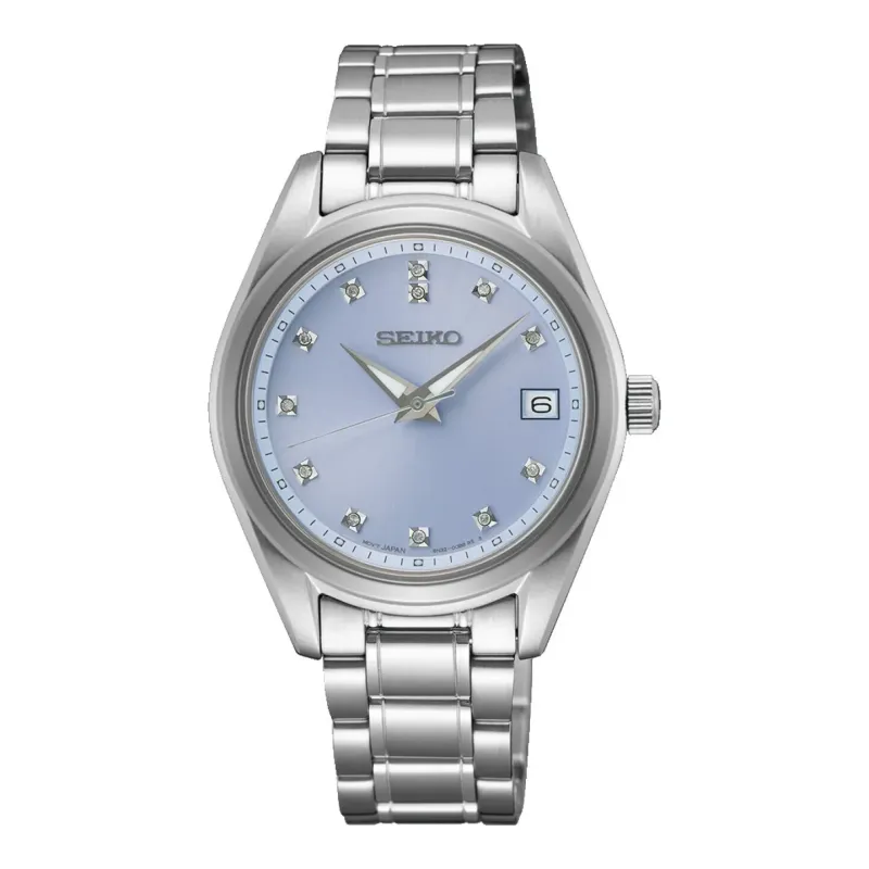 Seiko Classic Diamant Quarz 32 mm Edelstahl Hellblau Damenuhr SUR581P1