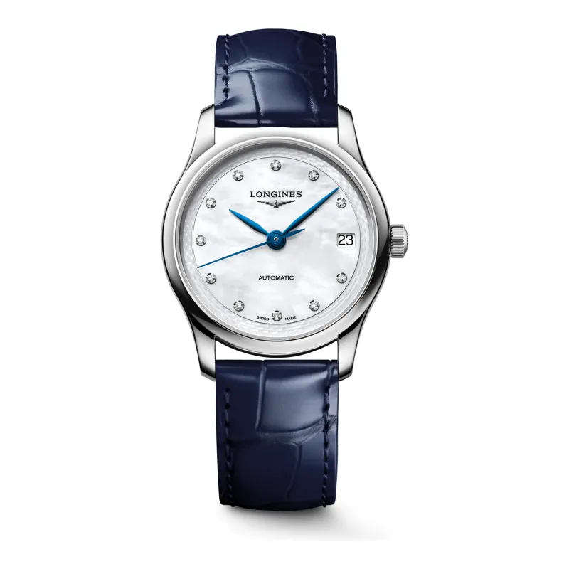 Longines Master Collection Perlmutt Diamanten Lederband blau 34 mm Damenuhr L2.450.4.87.2