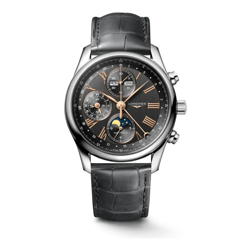 Longines Master Collection Chrono Mondphase Anthrazit Lederband grau 40 mm Herrenuhr L2.673.4.61.2
