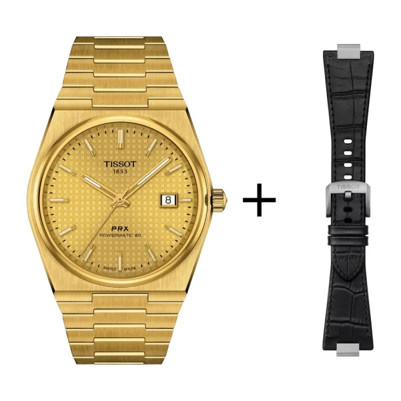Tissot PRX Gold Powermatic Herrenuhr 80 T137.407.33.021.00 Set mit schwarzem Lederband 