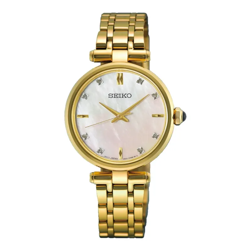 Seiko Classic Perlmutt Quarz 29 mm Goldfarben Damenuhr HGH008P1