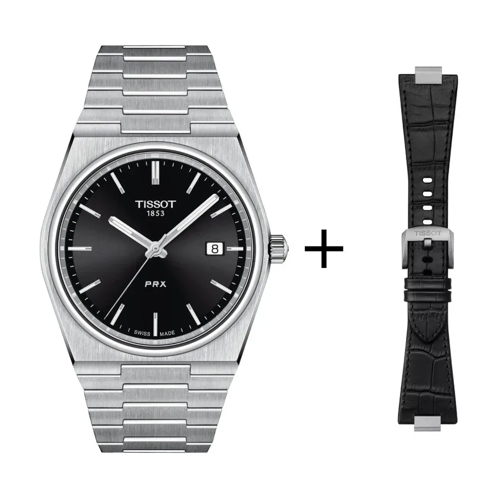 Tissot PRX Herrenuhr Quarz schwarz T137.410.11.051.00 Set mit schwarzen Lederband Krokooptik